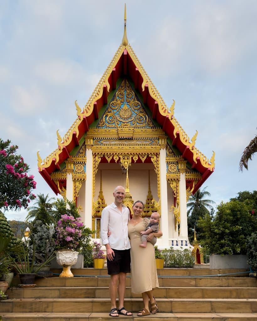 Alex, Victoria and Adrian in front of a temple in Thailand
