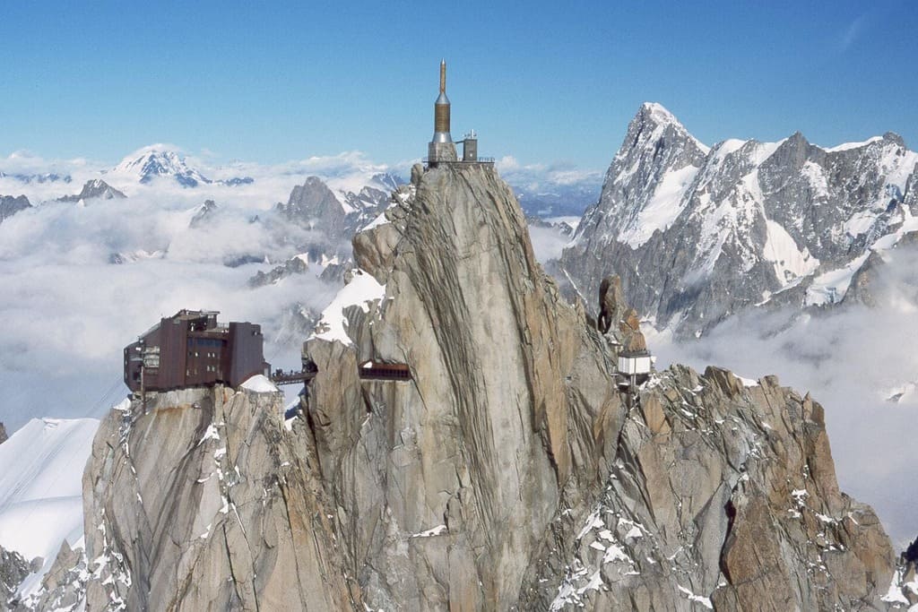 This is the summit of Aiguille du Midi as seen from a flying perspective