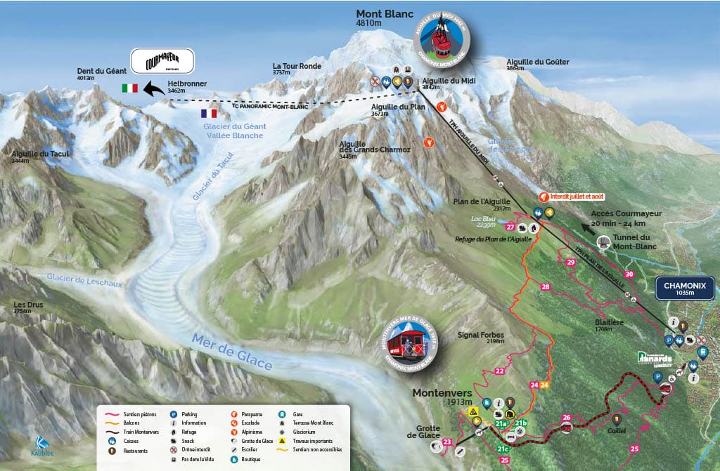 Here is an official map showing Chamonix to the right with the cable car first going up to Plan de l'Aiguille before continuing to Aiguille du Midi. From here it's possible to travel to Helbronner in Italy