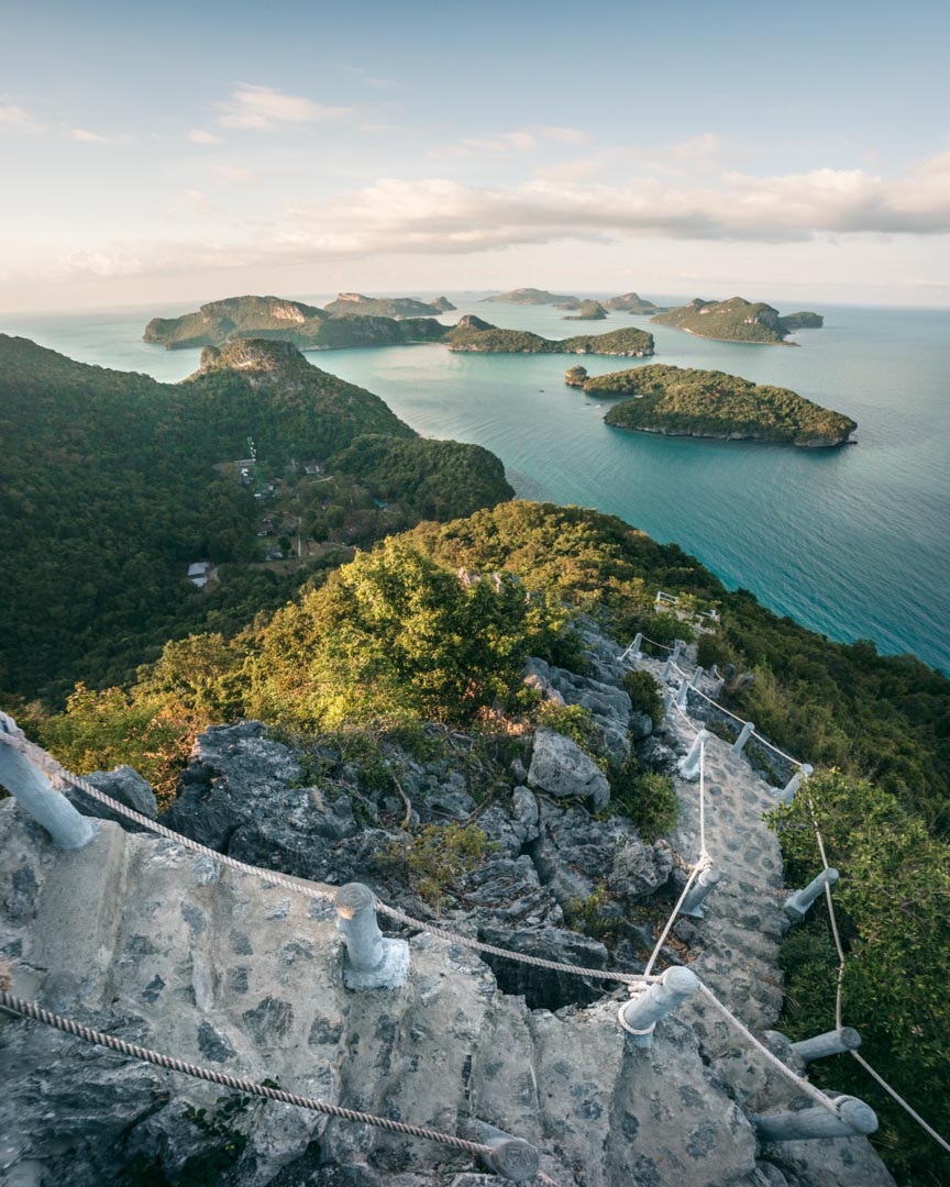 Fisheye perspective of the top portion of the stairs to the uppermost viewpoint on Koh Wua Talap