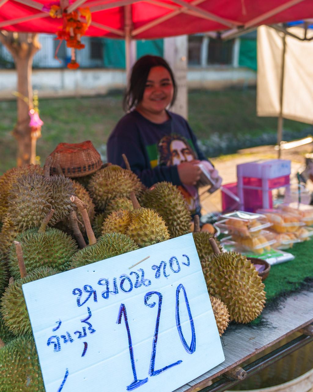 Durian stand at the night market in Ayutthaya