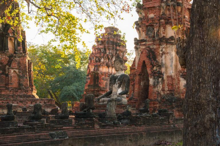 Buddha statue and temple buildings at Wat Mahathat