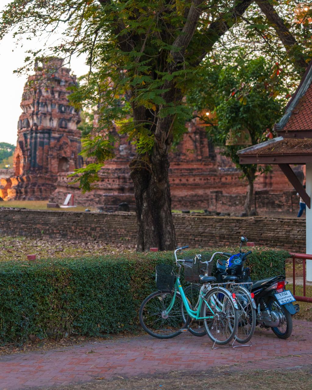 Bicycles parked in front of a temple in Ayutthaya at dusk