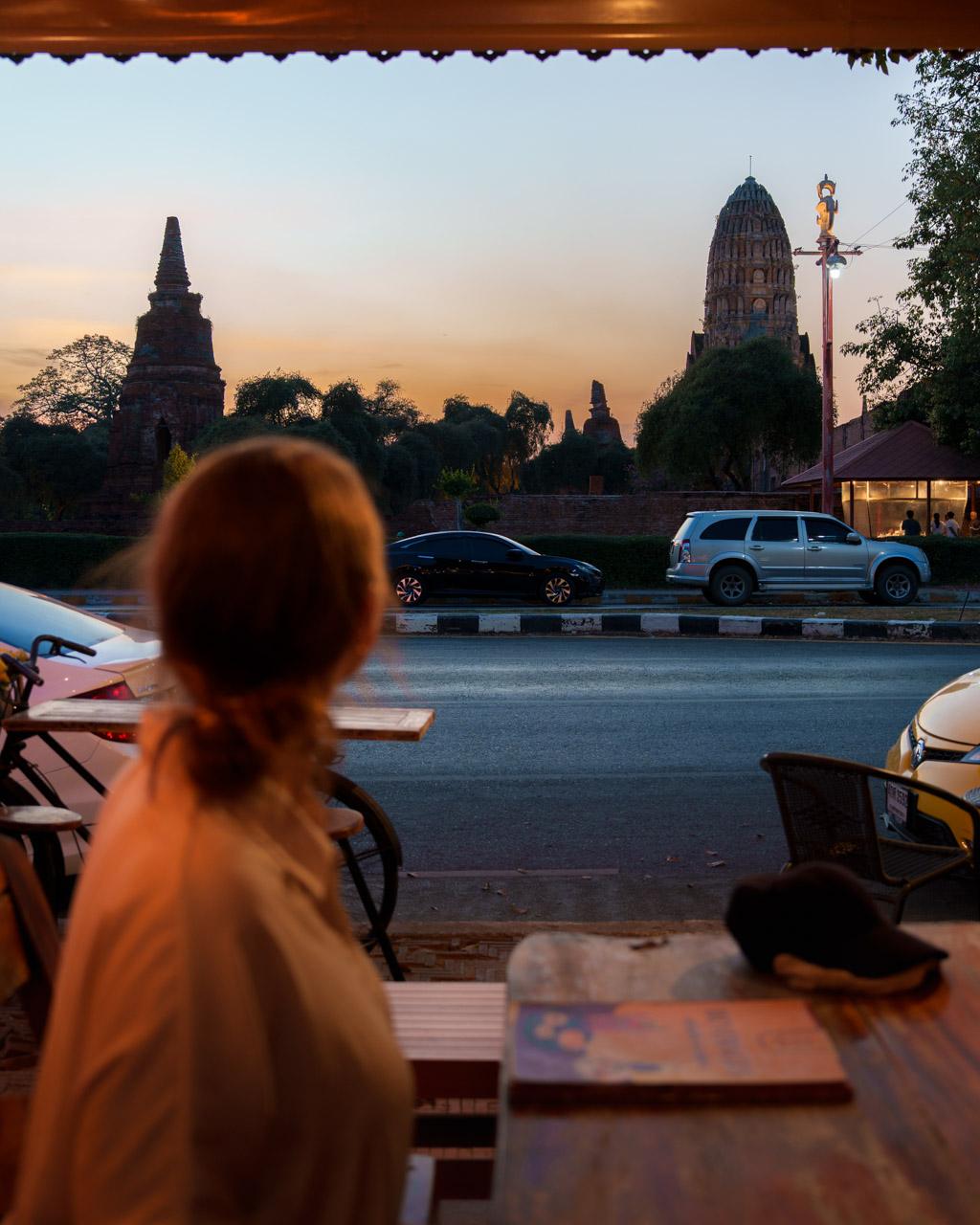 Wat Ratchaburana at sunset seen from a restaurant across the road