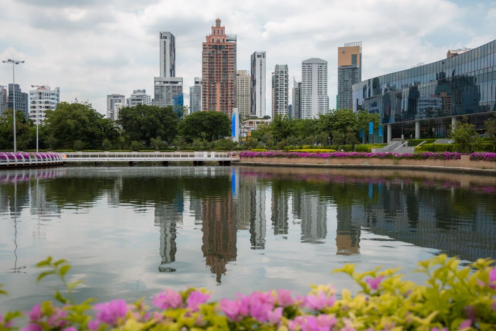 Park in Bangkok with a view of skyscrapers