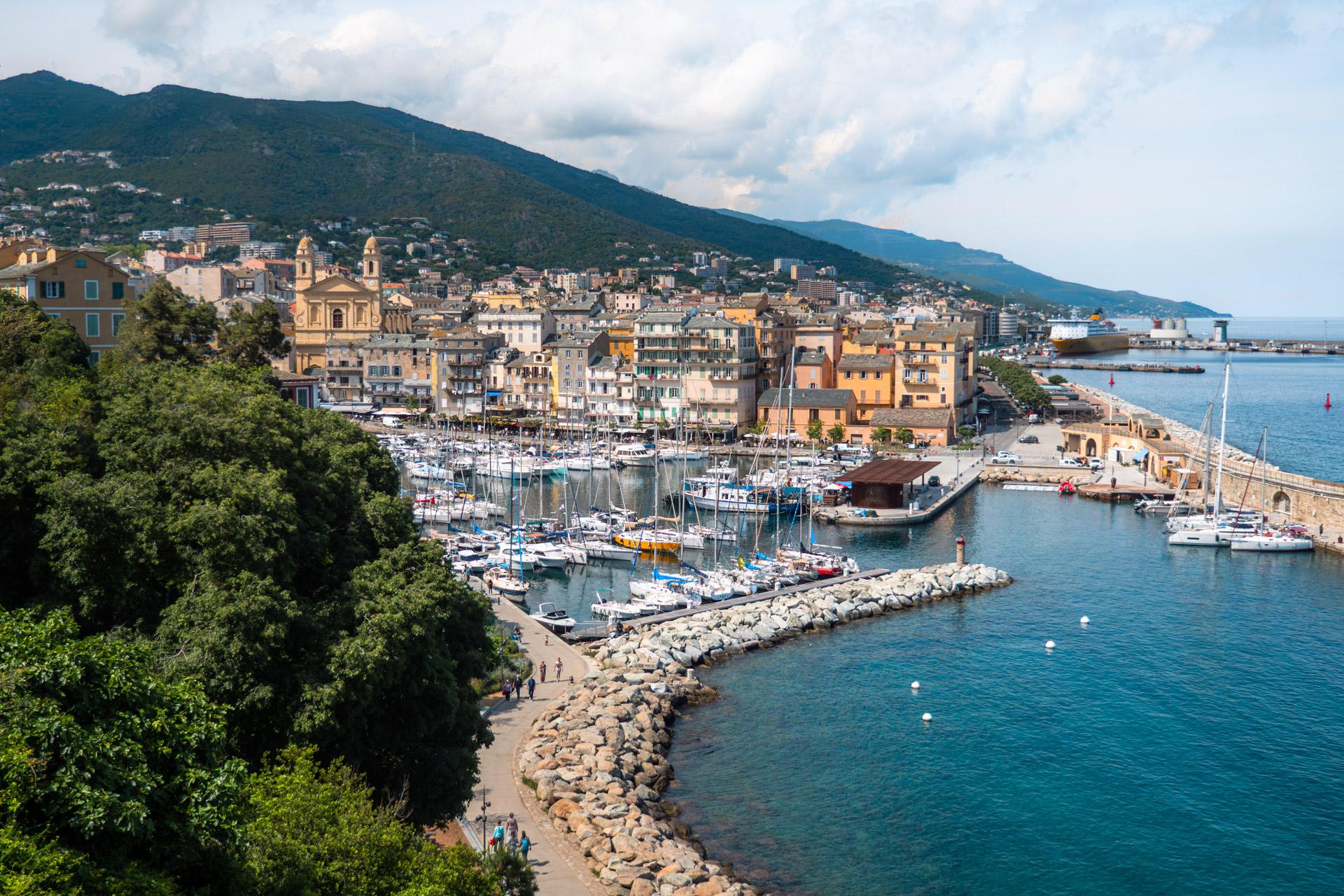View of Bastia's old harbour and coastline from the citadel walls.