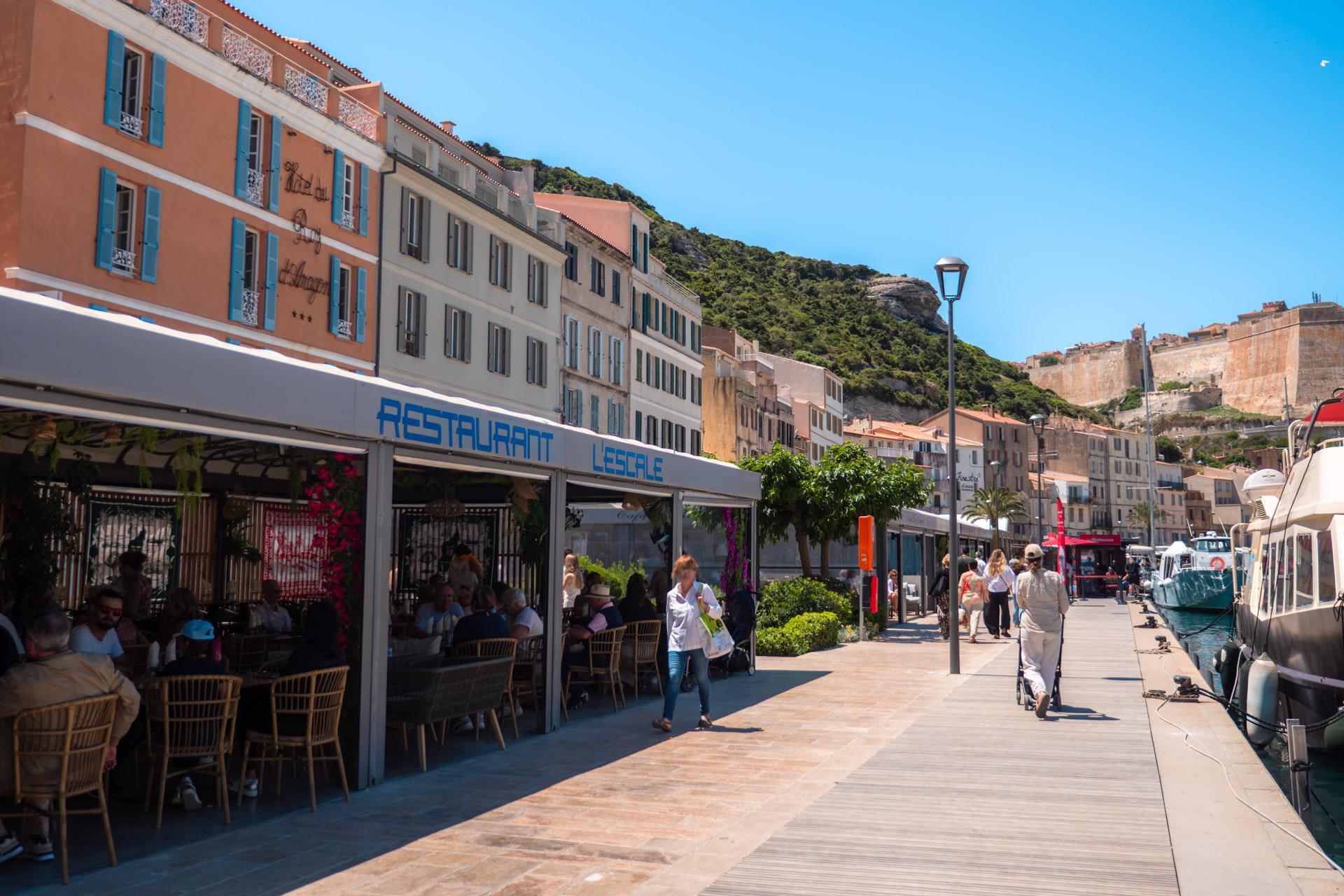 Bonifacio harbour promenade with cafés