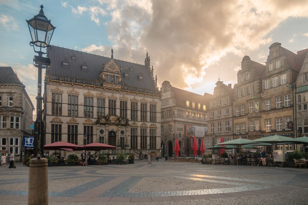 Bremen's market square in the sunset