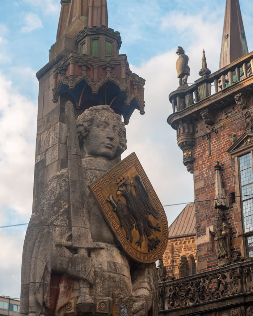 The Roland Statue in Bremen with the town hall behind it