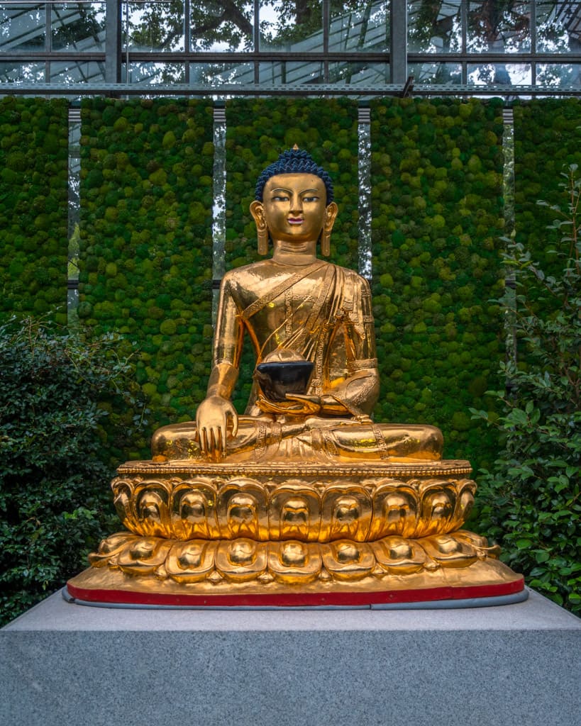 The Peace Buddha for Europe statue inside the Japanese garden in Botanika, Bremen