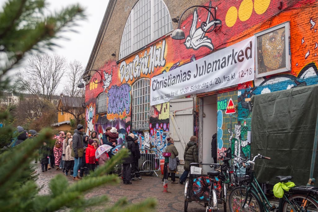 Christiania Christmas Market in Den Grå Hal seen from outside