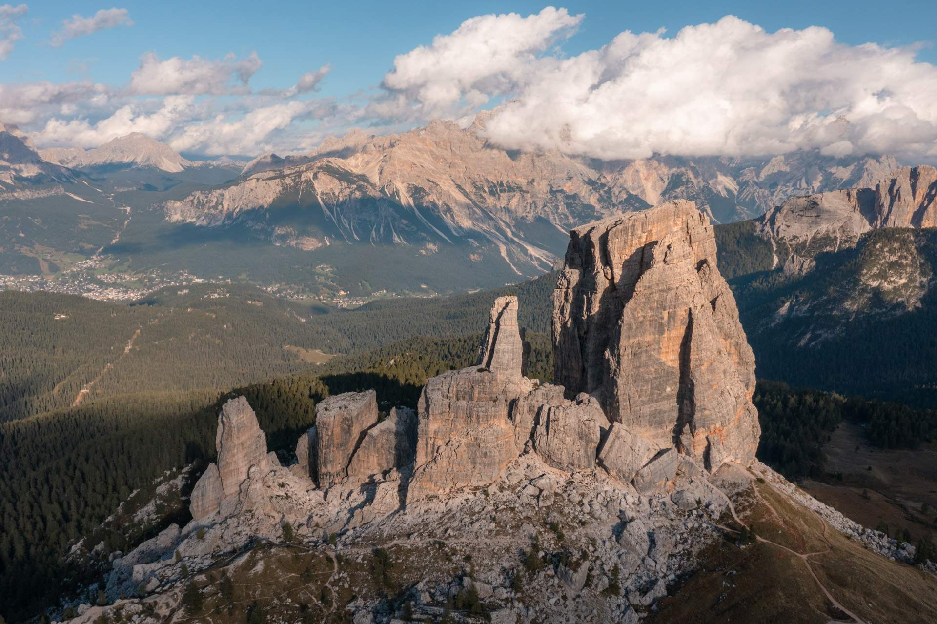 The five towers in the Dolomites from a drone perspective