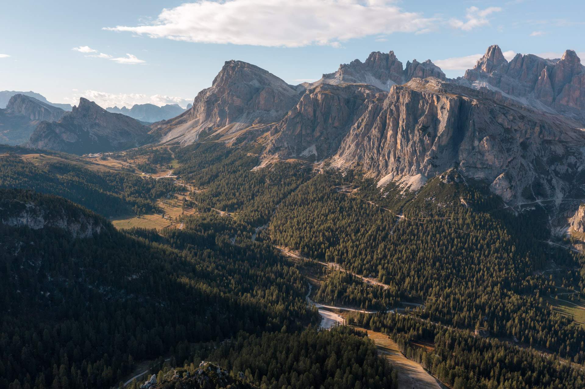 Mountain view from Cinque Torri in the Dolomites close to sunset