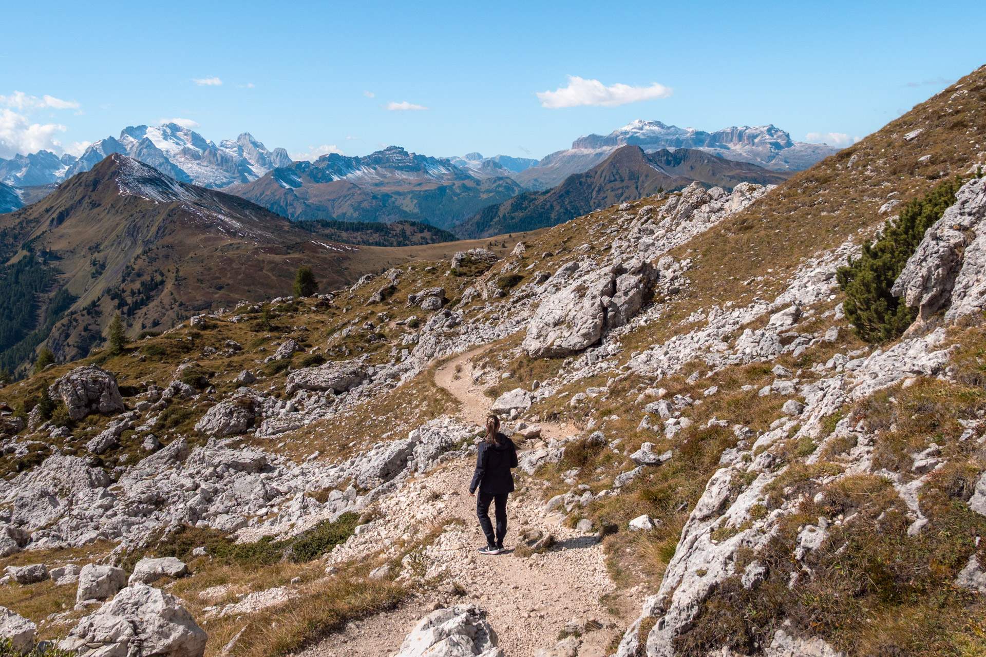 Victoria on a path in the Dolomites close to Cinque Torri