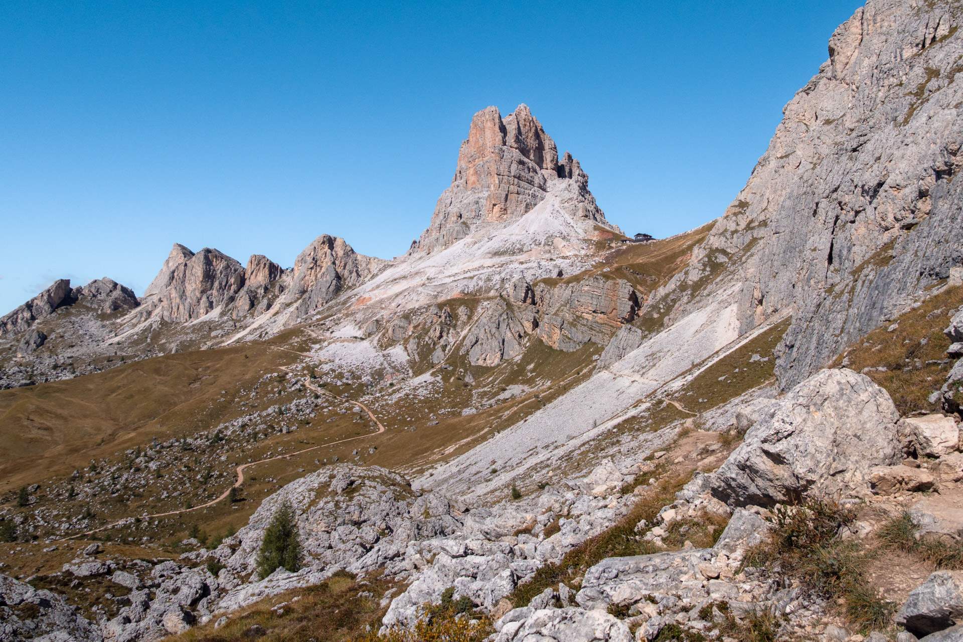 Rifugio Averau as seen from the hiking route from Passo Giau