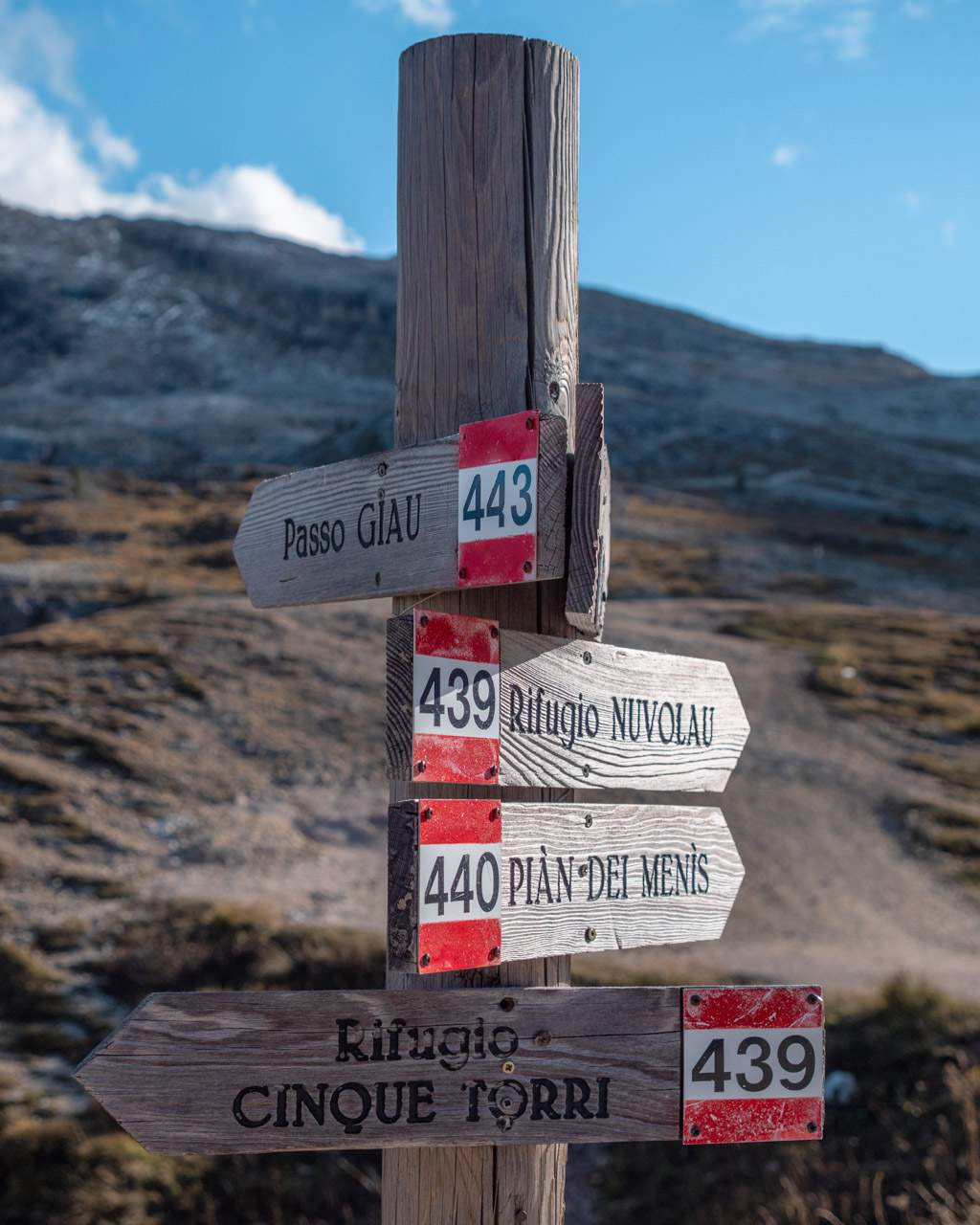 Signs at Cinque Torri with hiking routes