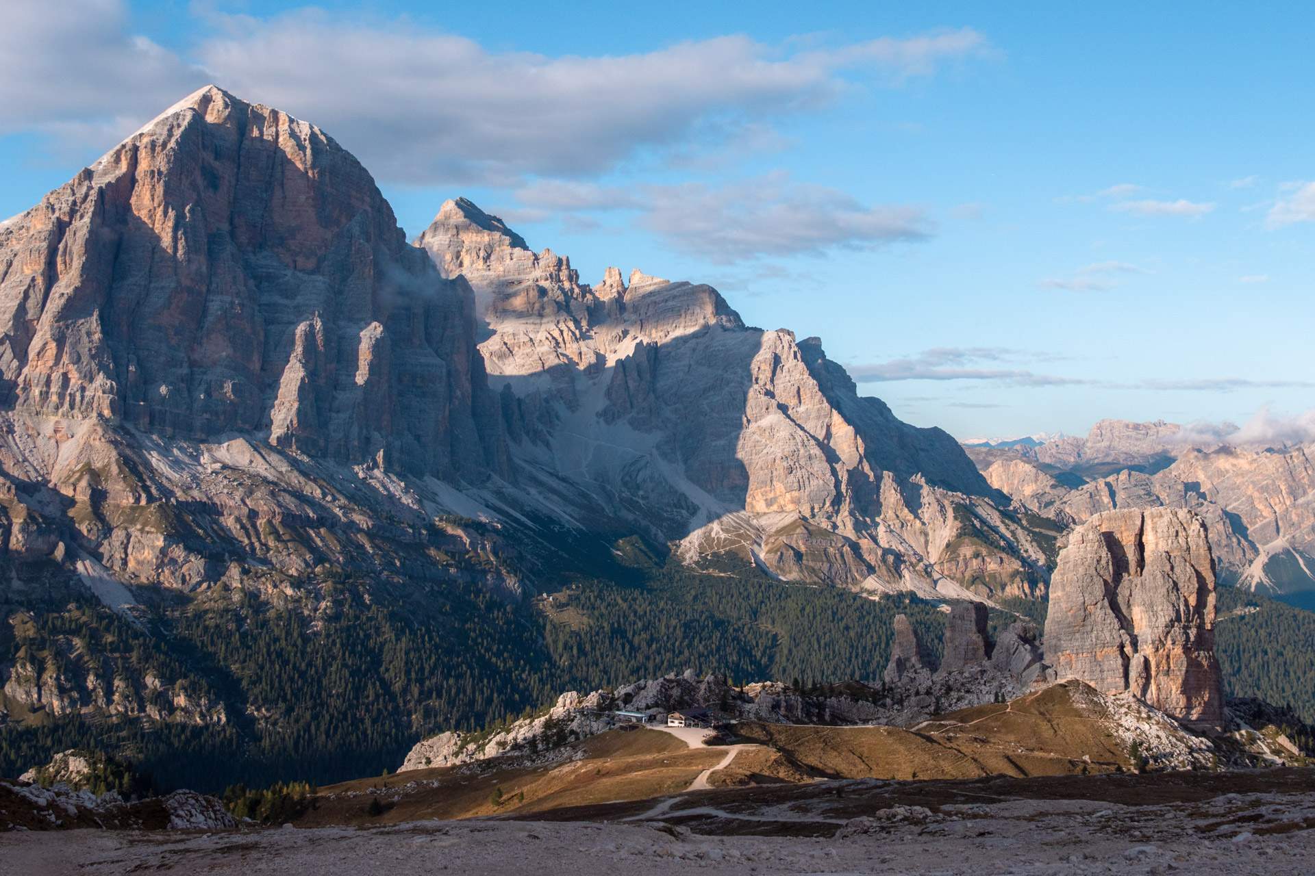Rifugio Scoiattoli and Cinque Torri from a distance seen from Rifugio Averau