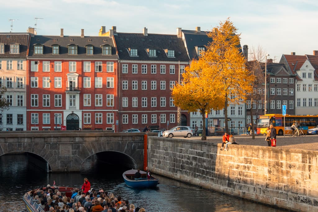 The colourful houses of Nybrogade behind The Storm Bridge as seen from the Marble Bridge