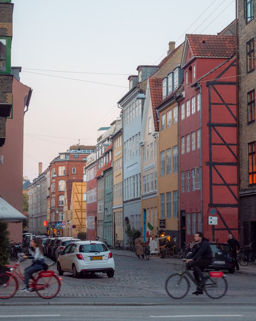 Narrow street in Christianshavn with colourful houses