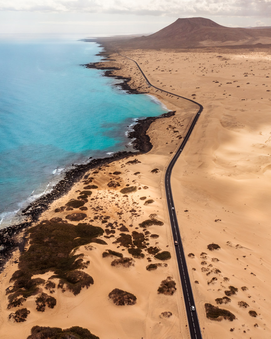 The coastal road next to the Corralejo Sand Dunes in Fuerteventura