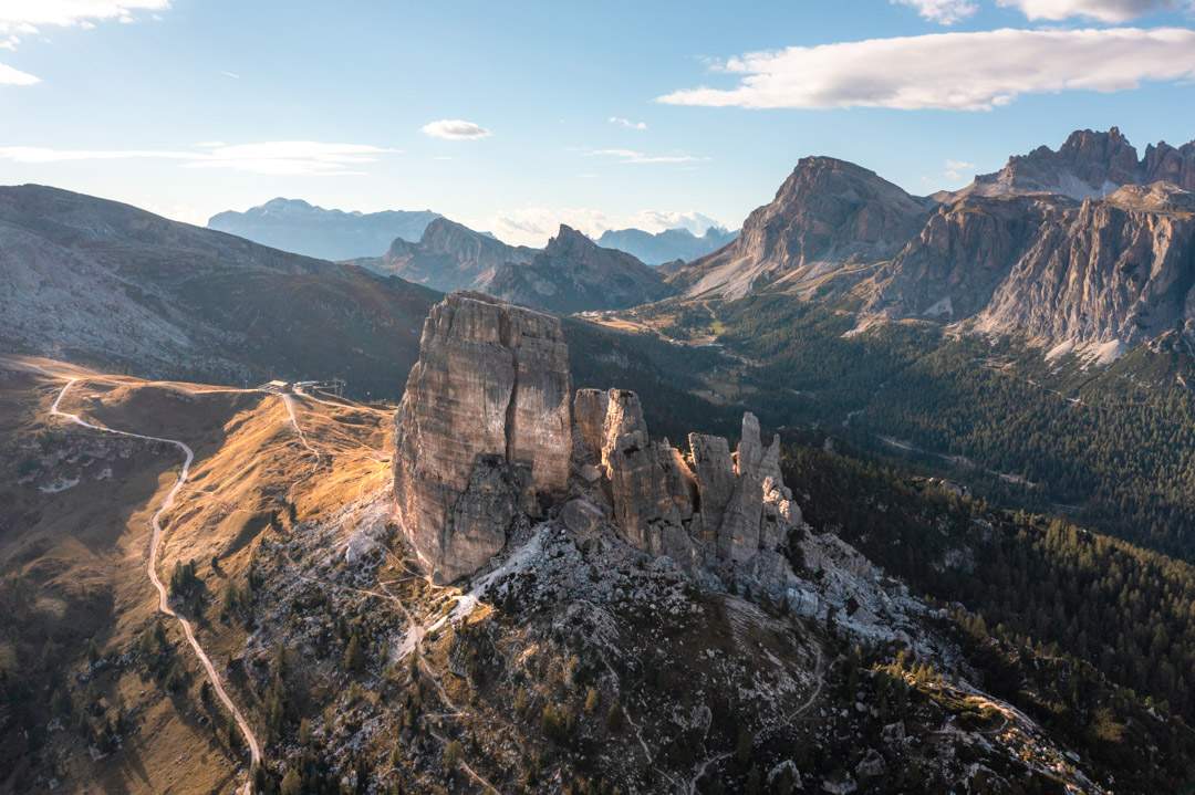 Cinque Torri drone image towards Passo Falzarego