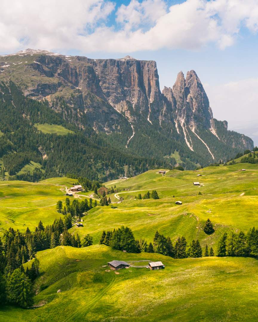 Seiser Alm/Alpe di Siusi drone view in the Dolomites