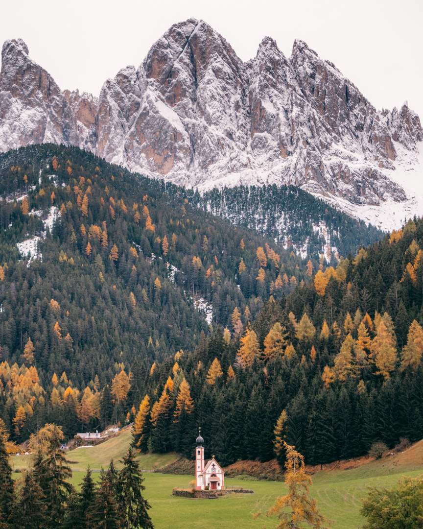 The church in Val di Funes from a distance