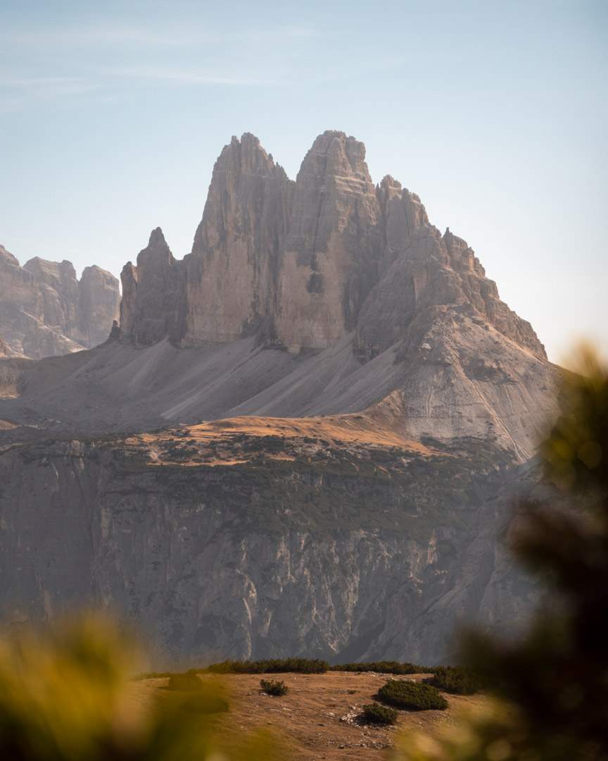 The view towards the iconic Tre Cime di Lavaredo in the Dolomites