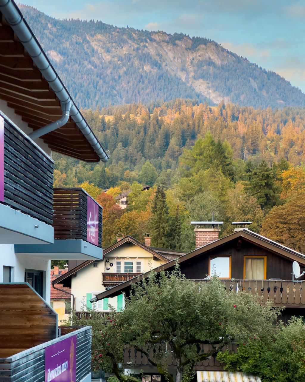 Autumn view from our balcony at Leiners over the rooftops of Partenkirchen