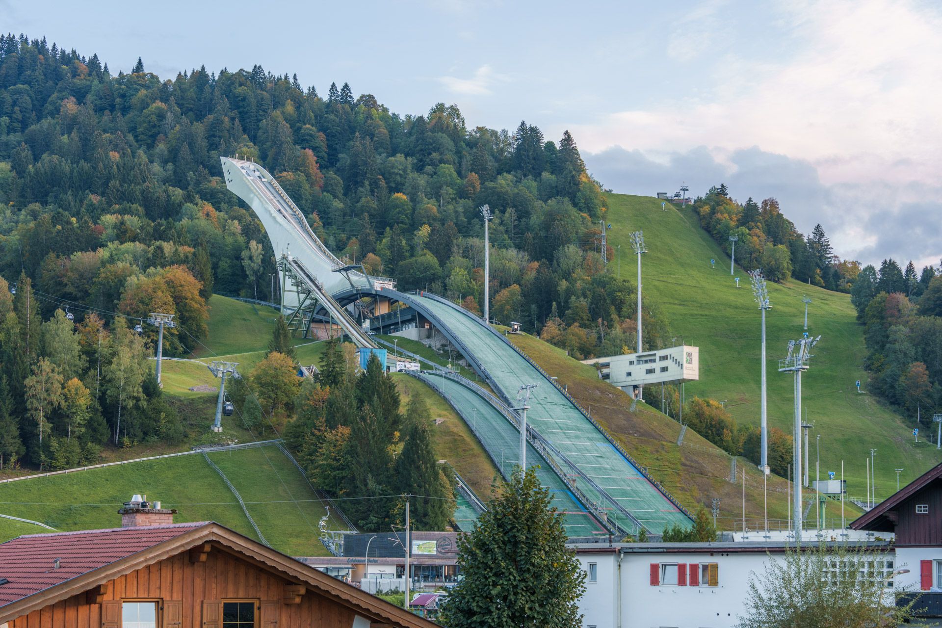 Olympic Ski Jump in Garmisch-Partenkirchen in autumn with the Eckbauerbahn base station below