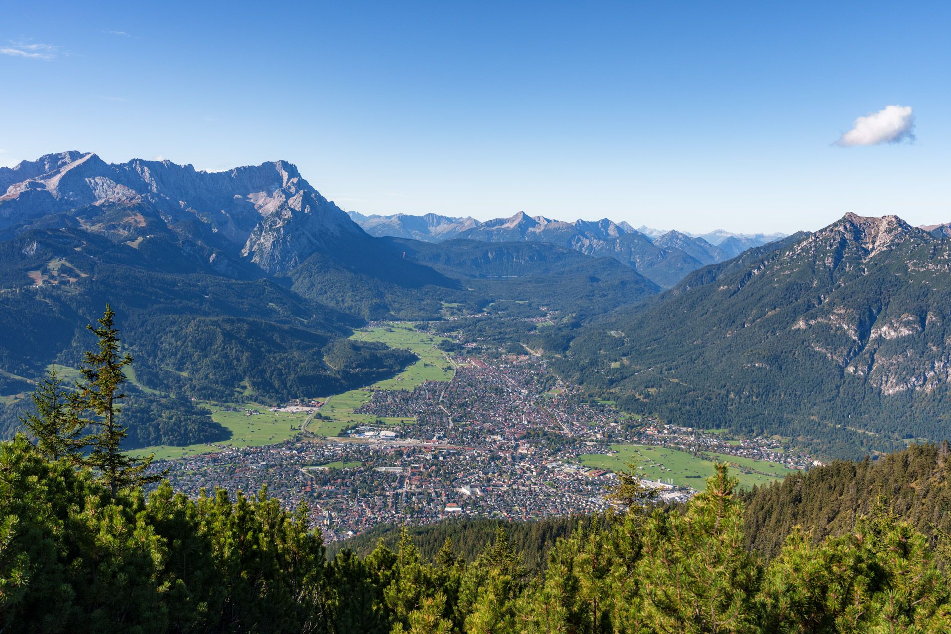 View over Garmisch-Partenkirchen and the Zugspitze massif from Wank