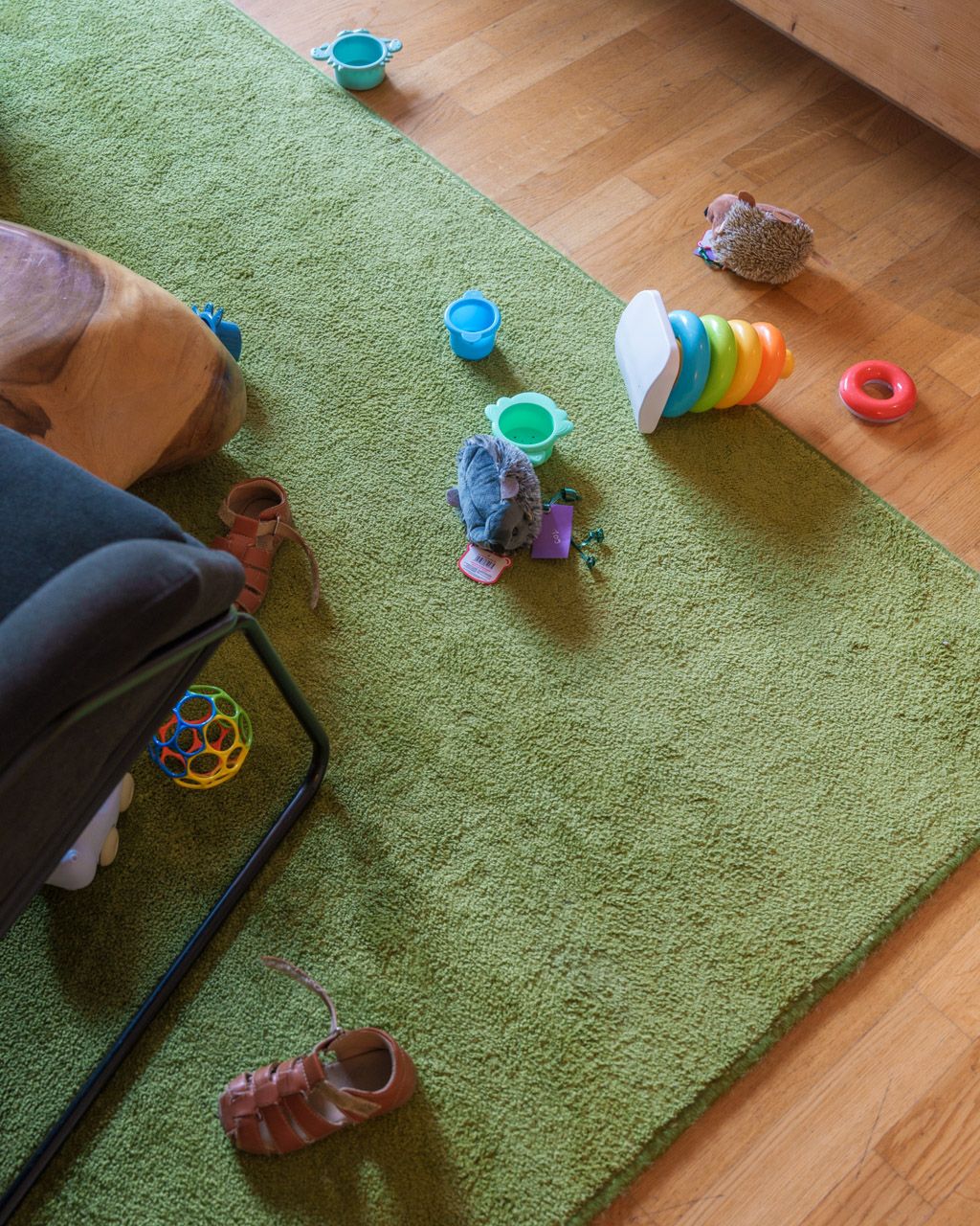 Toys spread out on the rug in our family apartment at Leiners