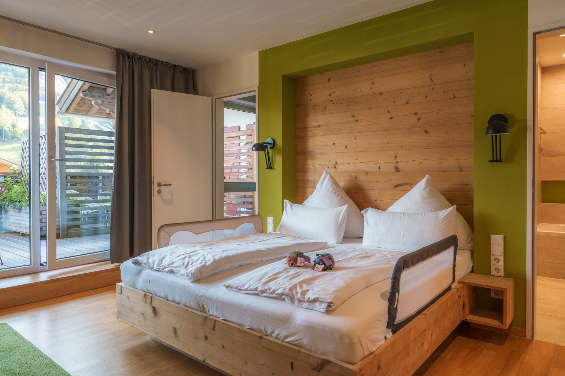 Parents' bedroom at Leiners with bed guards on the double bed
