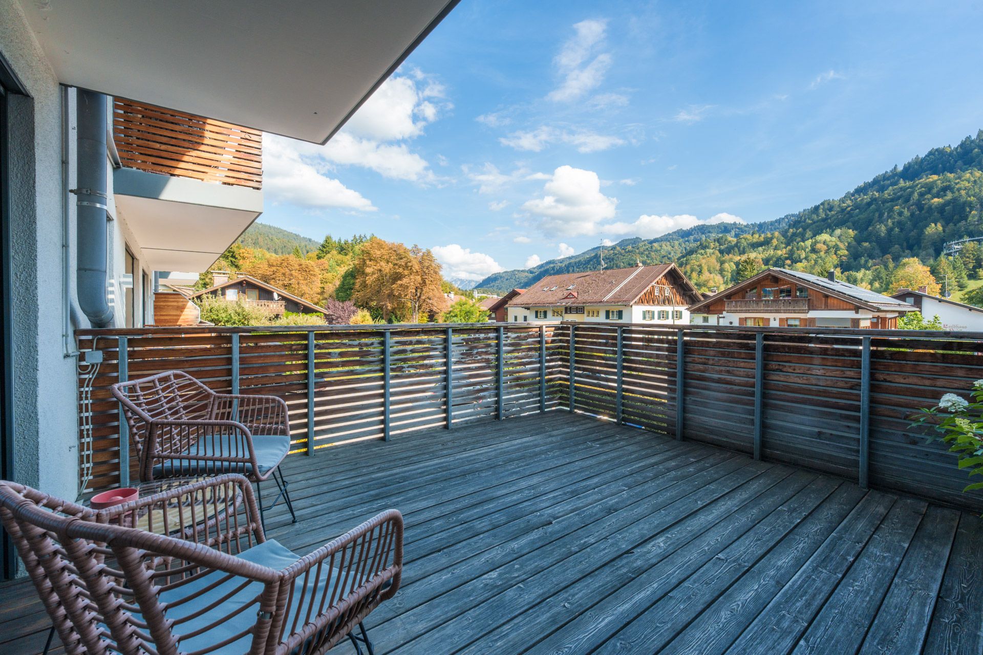 Large balcony at Leiners with views towards the mountains