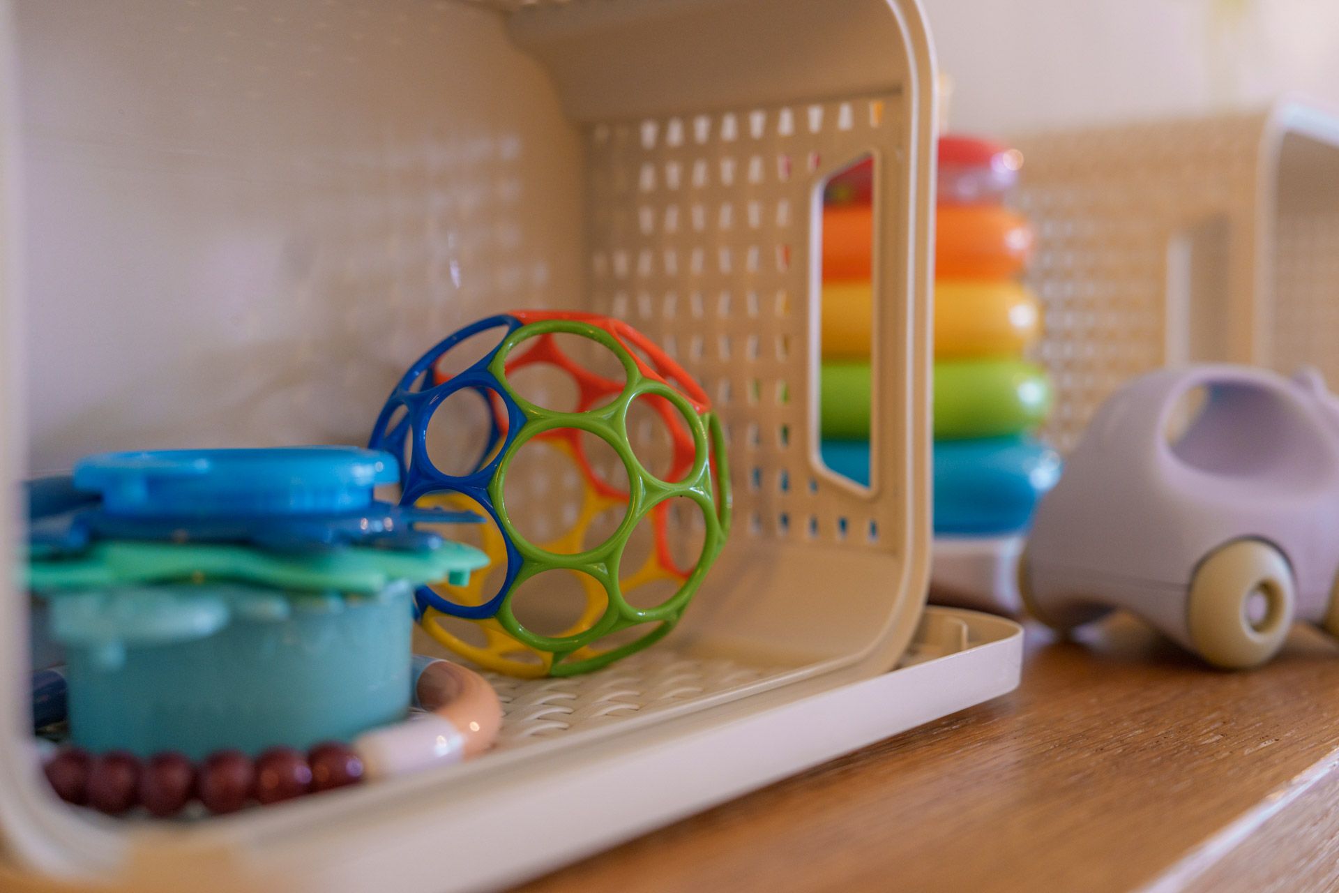 Basket of baby toys in the playroom at Leiners
