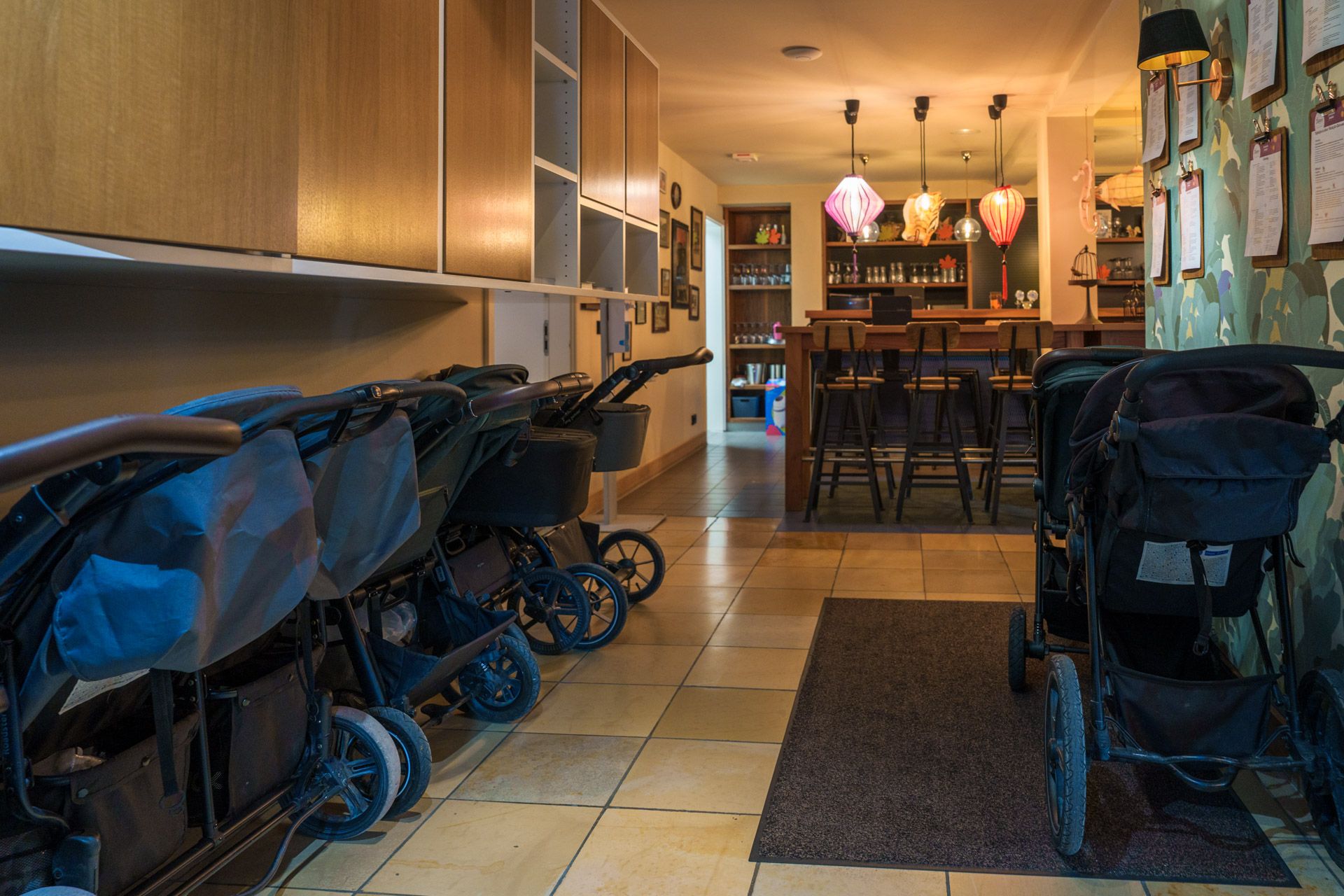Prams ready to borrow in the reception area at Leiners