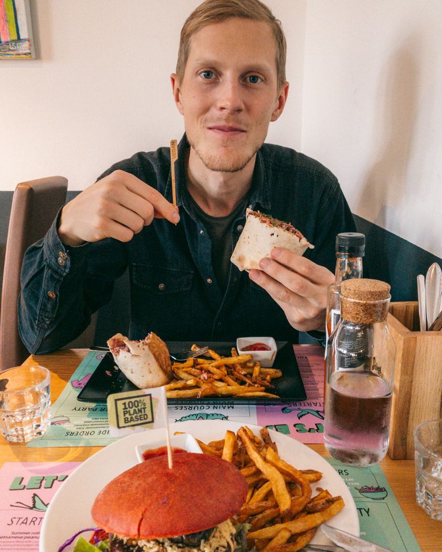 Vegan burger and a burrito