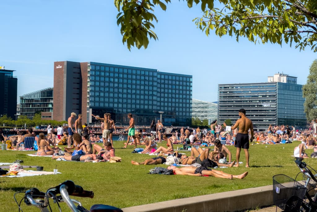 Islands Brygge harbour promenade on a summer's day in July