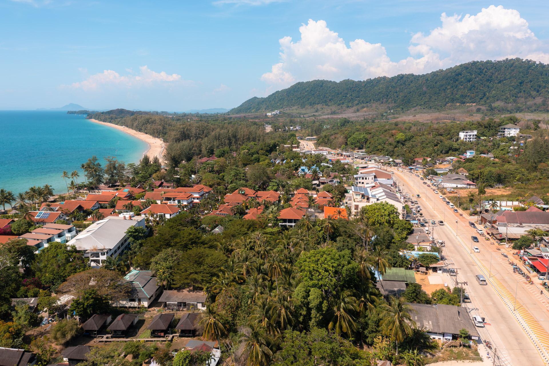 Koh Lanta Long Beach drone shoot looking north showing beach and road