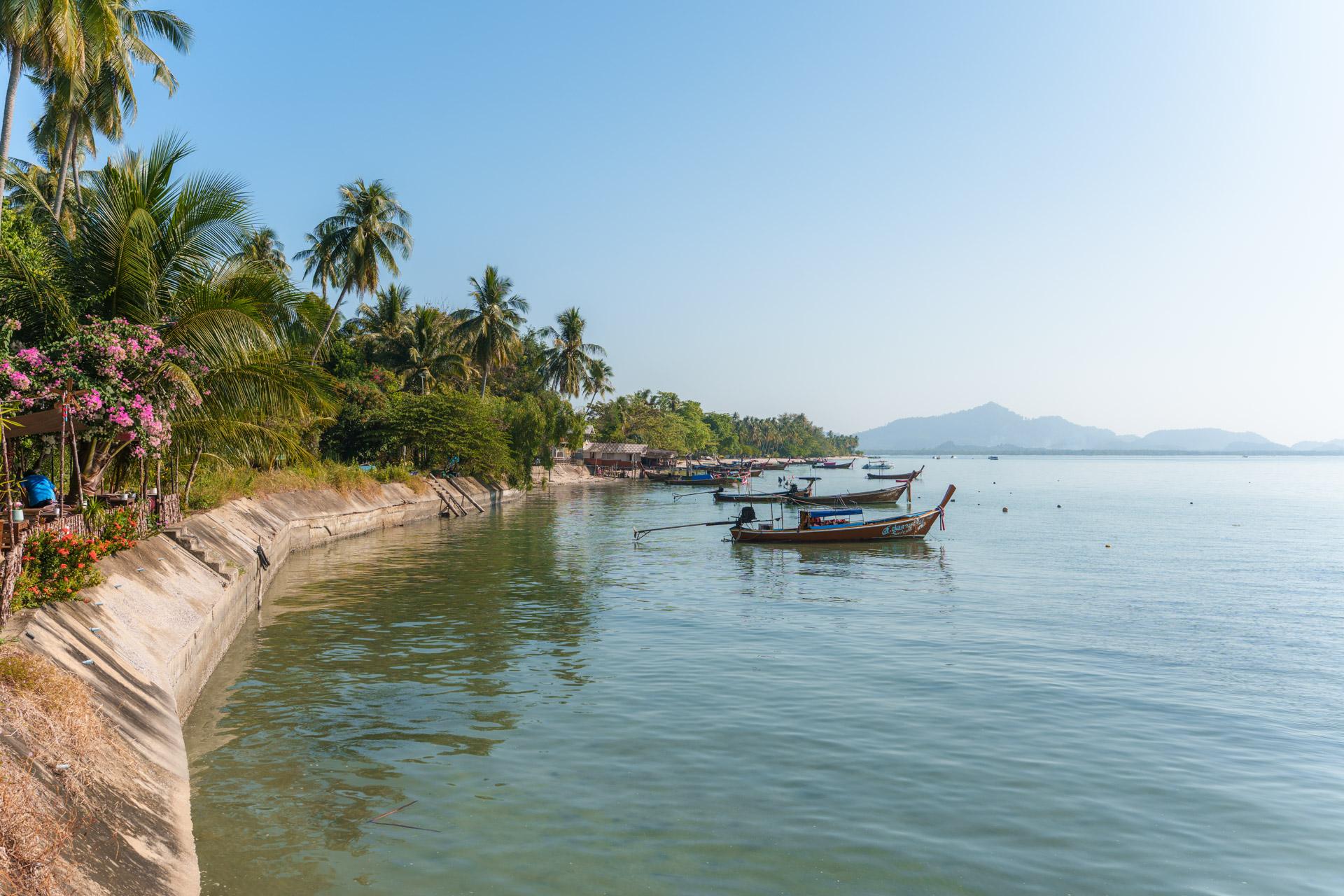 Tropical beach shoreline with traditional longtail boats, palm trees, pink flowers and distant mountains under clear blue sky.