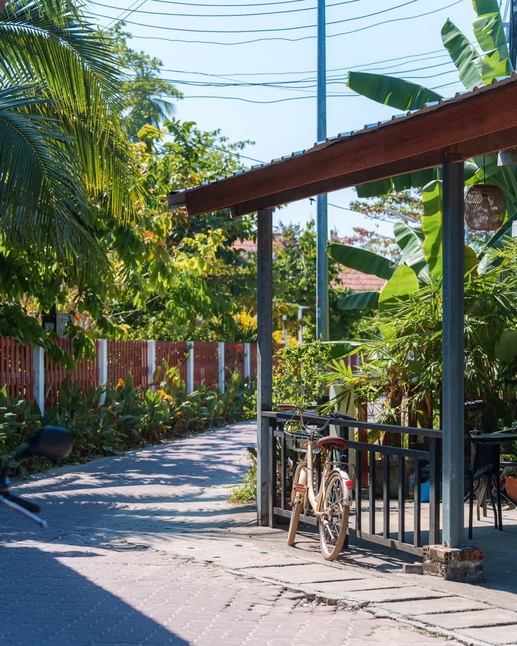 Tropical village street in Koh Mook with wooden pergola, bicycle, palm trees and residential buildings under blue sky.