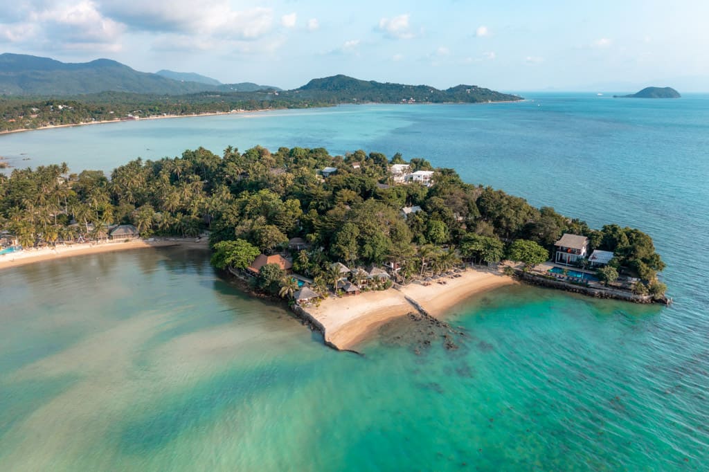 The private beach at Loyfa Natural Resort seen from the drone