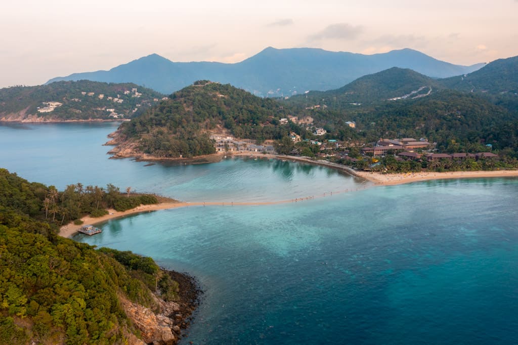 Drone photo of Koh Ma to the left and Koh Phangan to the right