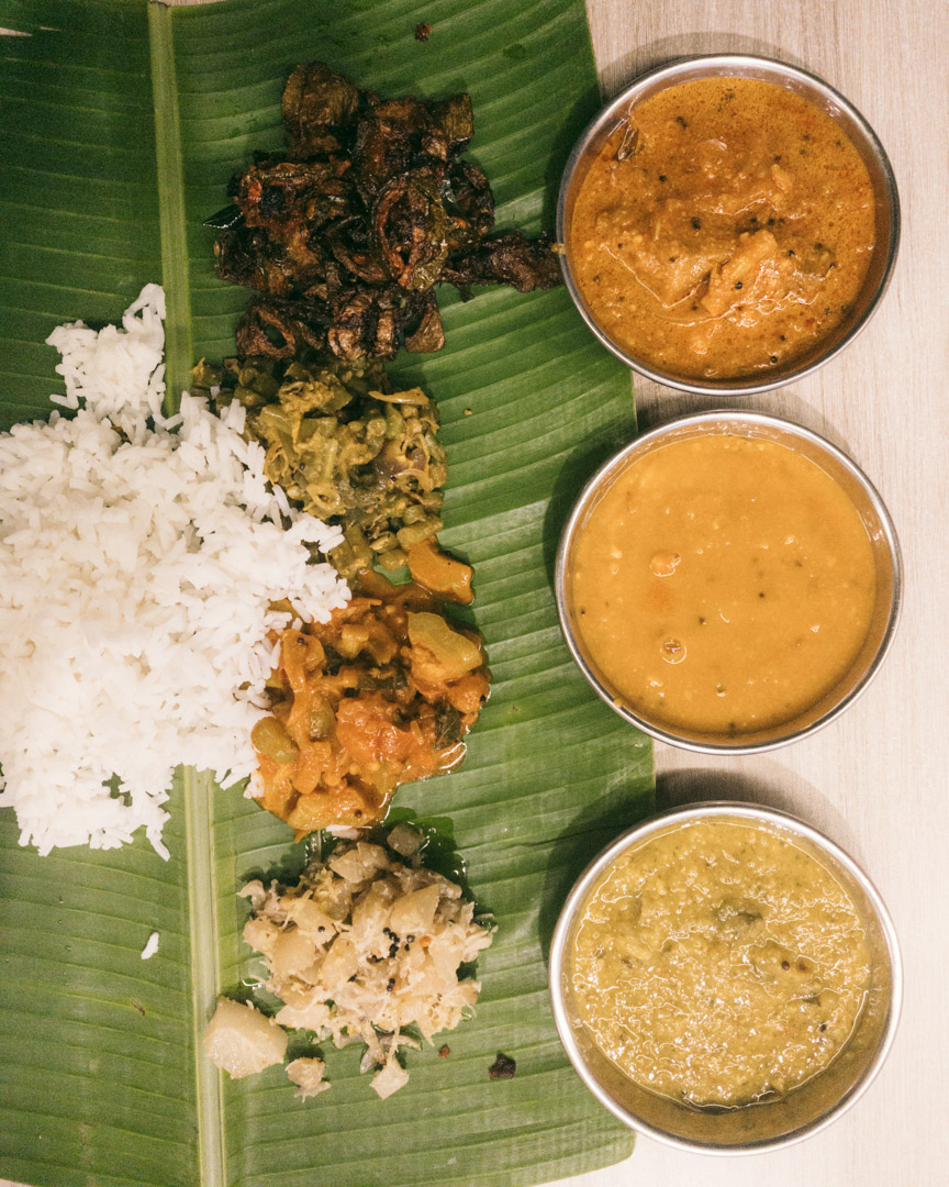 Banana leaf with rice and curries at Bala’s