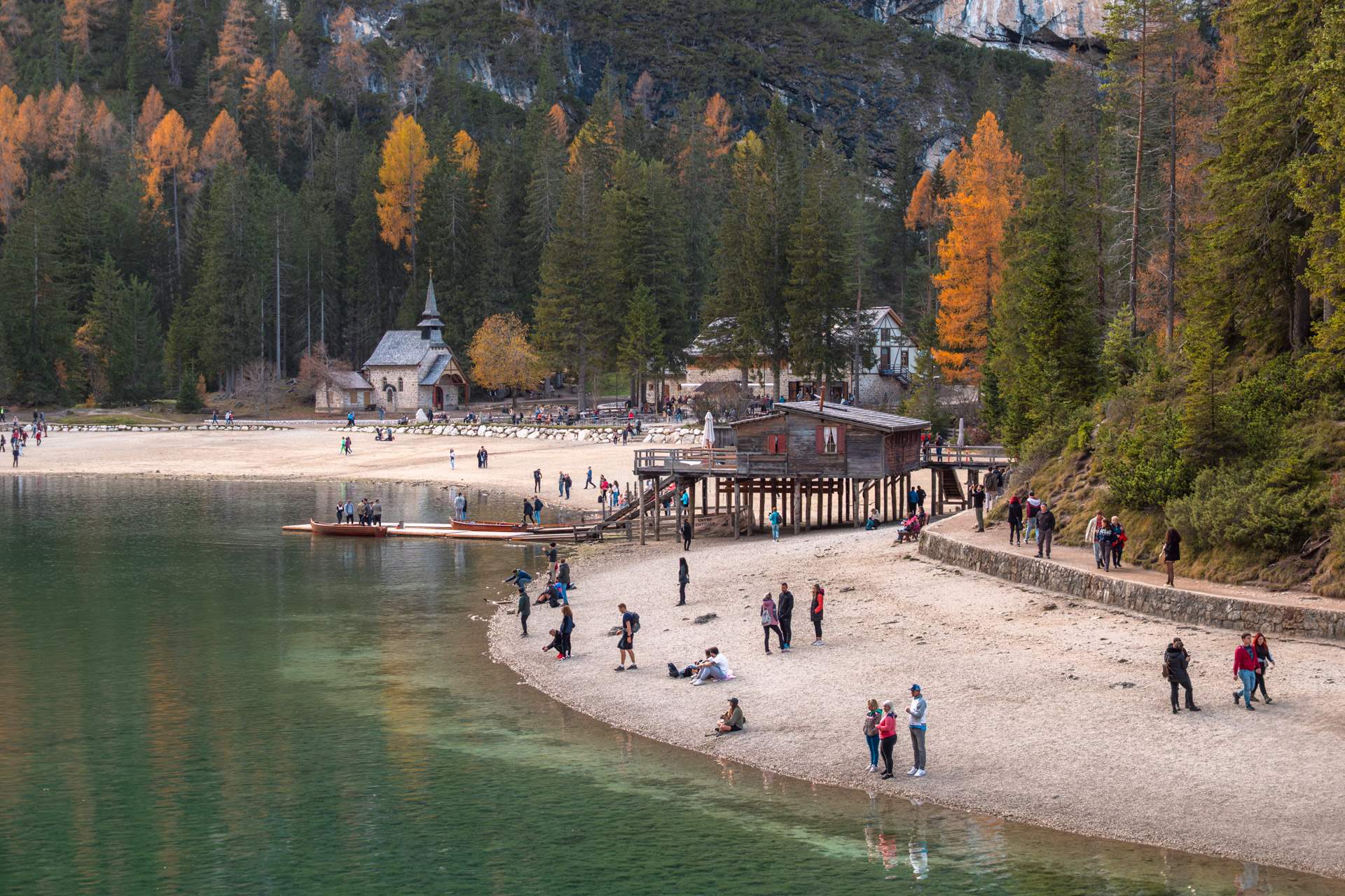Visitors on the shores of Lago di Braies