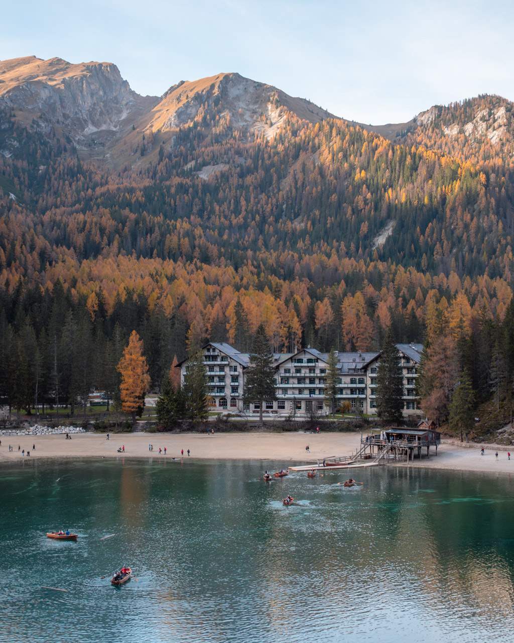 Hotel and boathouse at Lago di Braies