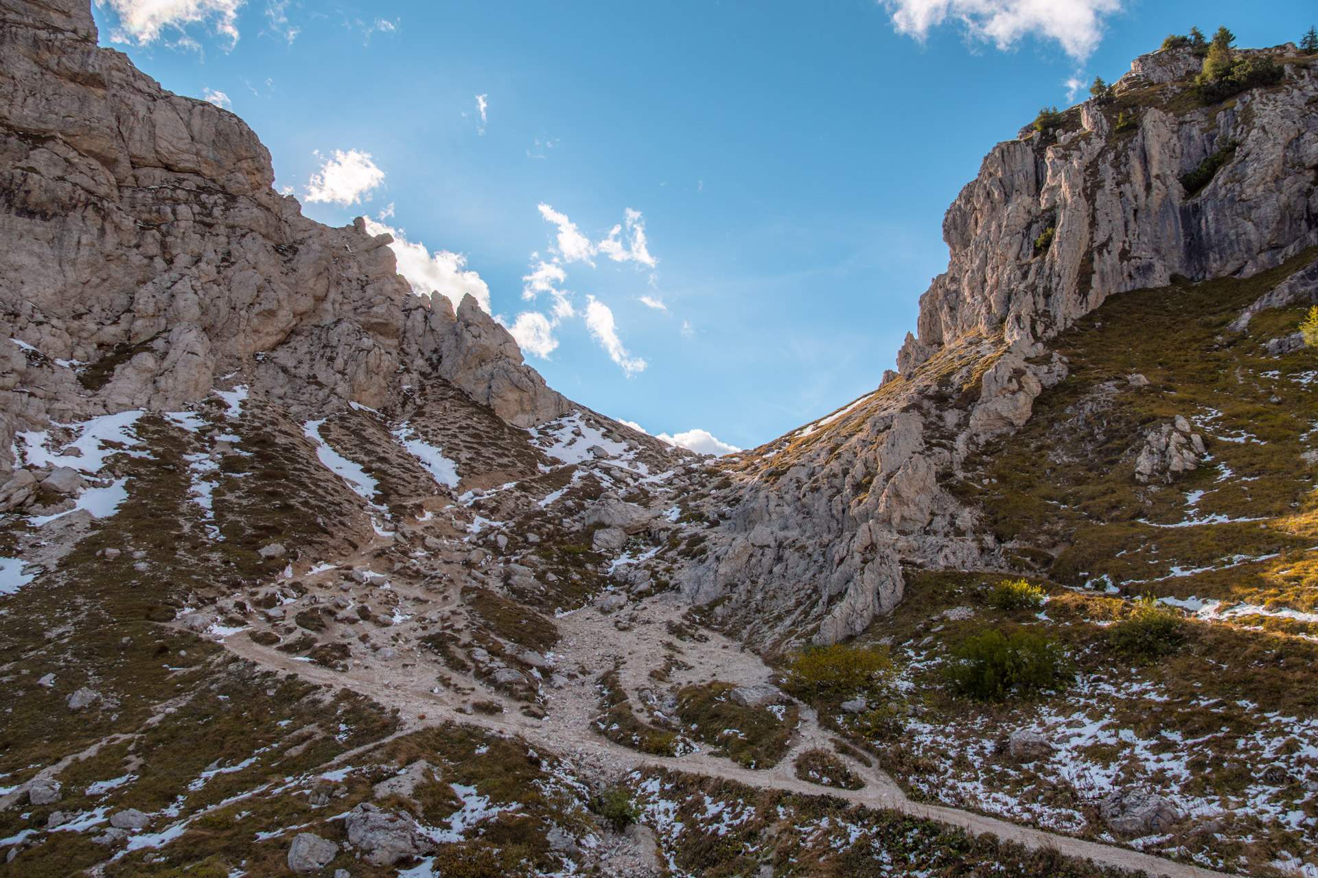 Hiking trail to Lago di Coldai in the Dolomites
