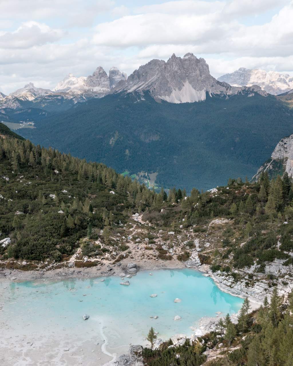 Lago di Sorapis in the Dolomites seen from a drone