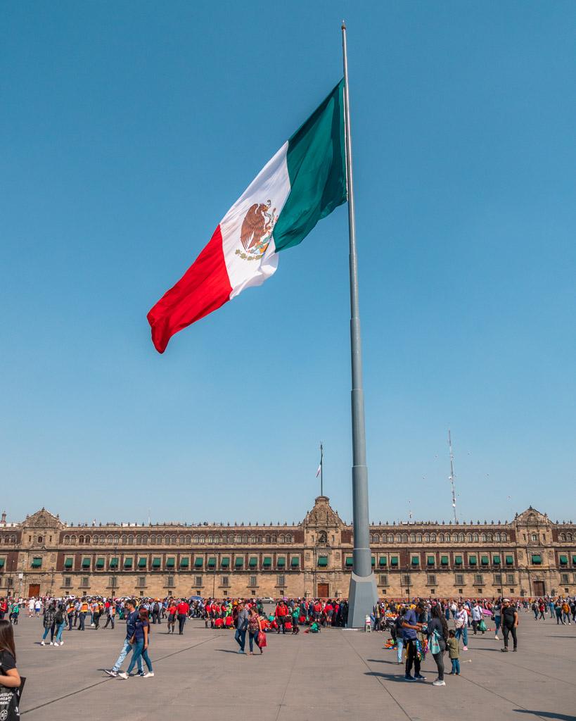 The Mexican flag (La Bandera) at Plaza de la Constitucion in CDMX