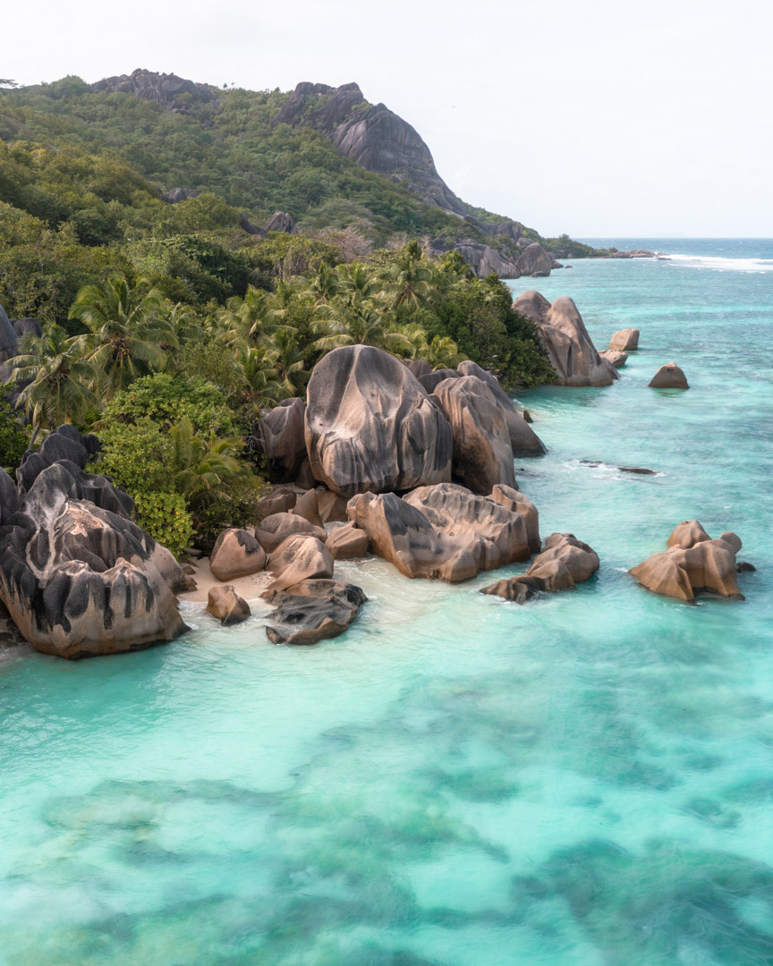 The coastline that continues southeast from Anse Source d'Argent on La Digue Seychelles